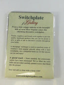 Back of Switchplate Gallery packaging with product information about West Virginia production, decoupage, painted screws, and damp-cloth cleaning.