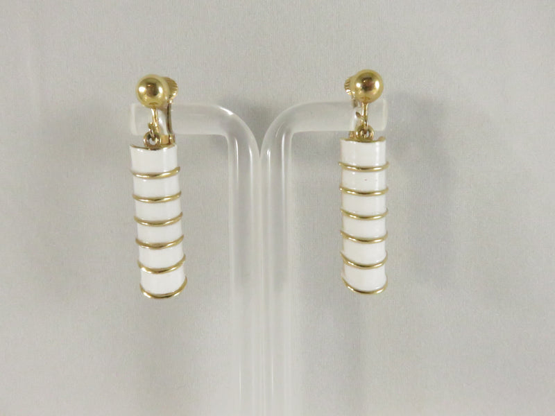 1980s Ribbed Dangle Clips, White Enamel Earrings, 1.5" Drop, Gold Tone Statement