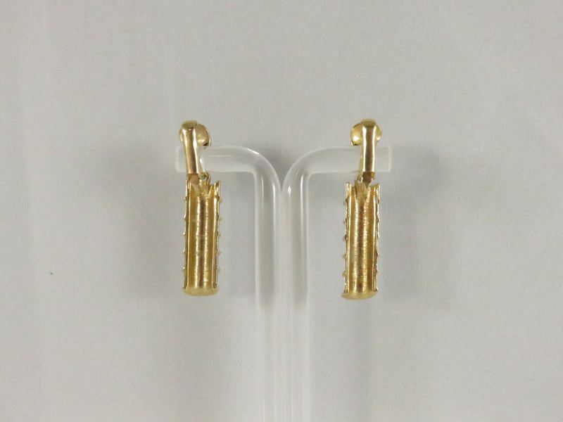 1980s Ribbed Dangle Clips, White Enamel Earrings, 1.5" Drop, Gold Tone Statement