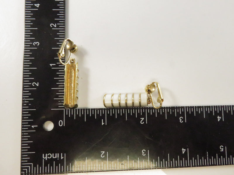 1980s Ribbed Dangle Clips, White Enamel Earrings, 1.5" Drop, Gold Tone Statement