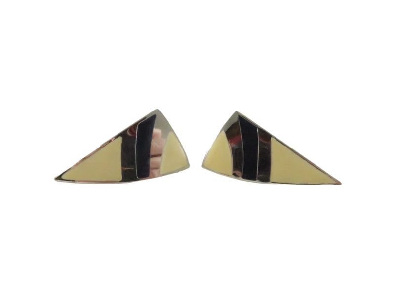 1980s Triangle Clips, Cream Black Enamel Earrings, Geometric Design, 1.37", Silver Tone