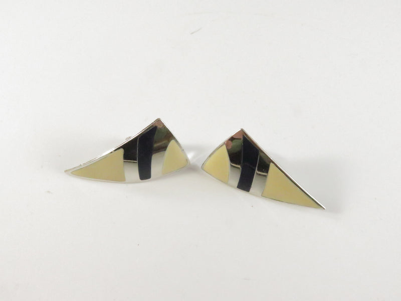 1980s Triangle Clips, Cream Black Enamel Earrings, Geometric Design, 1.37", Silver Tone