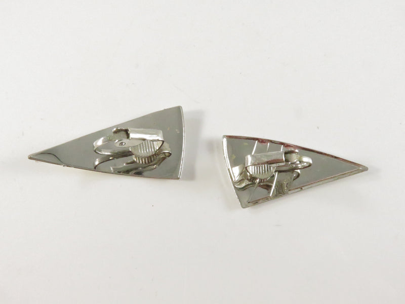 1980s Triangle Clips, Cream Black Enamel Earrings, Geometric Design, 1.37", Silver Tone