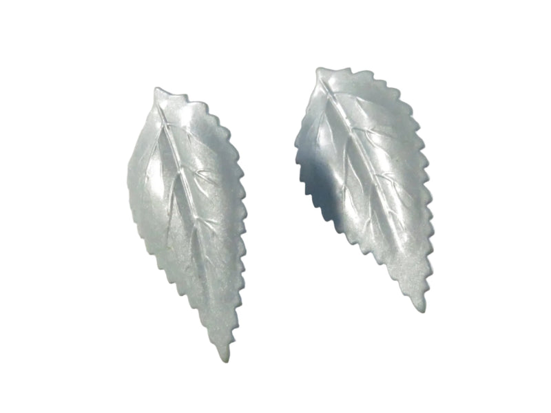 1980s Painted Leaf Clips, Light Blue Earrings, Unusual Design, 1.75", Lightweight — front view