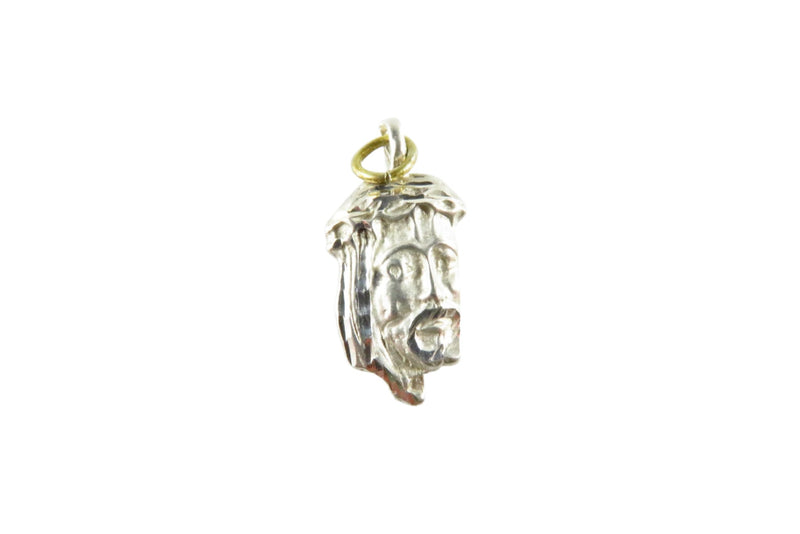 Jesus Head Charm or Pendant in Sterling Silver Polished Acid Washed Accented