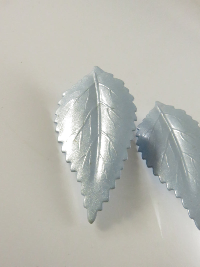 1980s Painted Leaf Clips, Light Blue Earrings, Unusual Design, 1.75", Lightweight