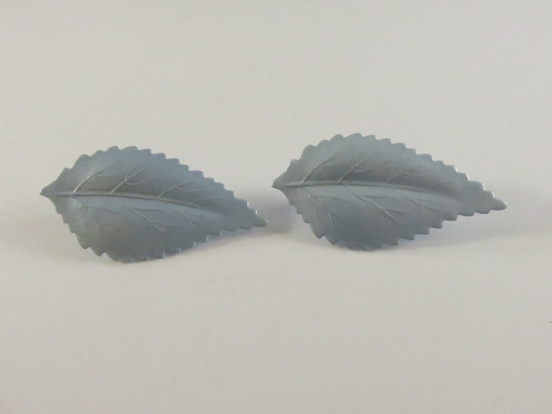 1980s Painted Leaf Clips, Light Blue Earrings, Unusual Design, 1.75", Lightweight