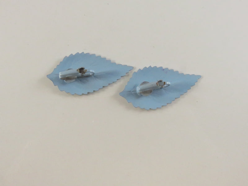 1980s Painted Leaf Clips, Light Blue Earrings, Unusual Design, 1.75", Lightweight