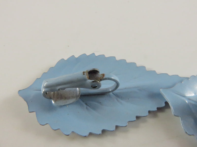 1980s Painted Leaf Clips, Light Blue Earrings, Unusual Design, 1.75", Lightweight