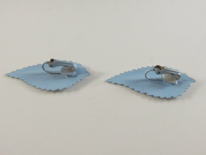 1980s Painted Leaf Clips, Light Blue Earrings, Unusual Design, 1.75", Lightweight