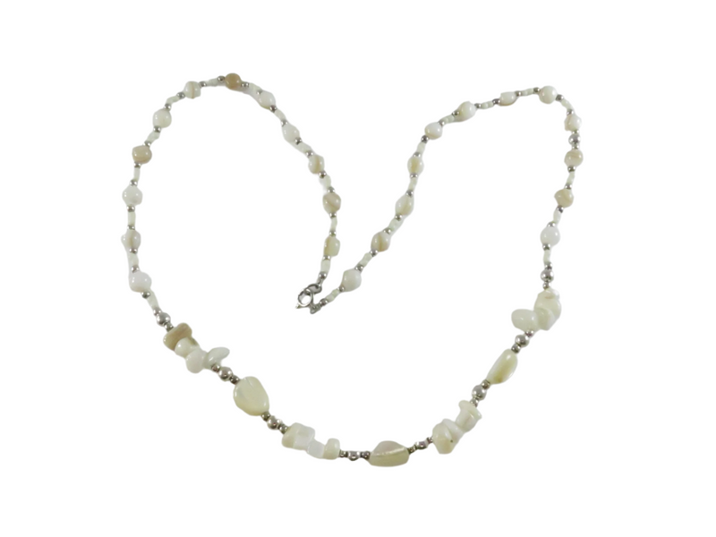 Vintage 1980s Polished Shell & Silver Bead Necklace, 25 Inch — Silver — front view