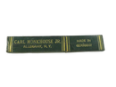 Top view of dark green Carl Monkhouse Jr. straight razor slide box with gold foil Allegany, N.Y. and Made in Germany lettering