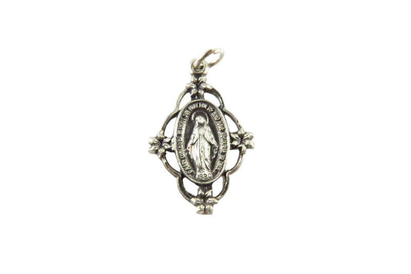 Sterling Miraculous Medallion Blessed Virgin Mary Miracle Medal Flower Wrapped