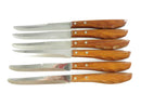 Six Imperial Diamond Edge steak knives with stainless blades, wood handles, and double brass rivets, front side view.