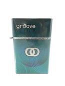 Front view of sealed teal and black Kool Groove hard cigarette pack with circular graphic, Kool logo, and promotional tear tape.