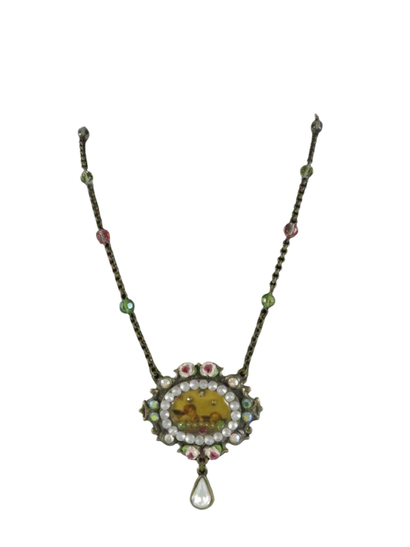 Vintage Inspired Crystal & Enamel Necklace with Cherub Pendant, 21 Inch — Enamel — front view