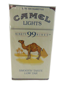 Front of sealed Camel Lights Ninety 99 Nines 20 filter cigarettes pack with camel and pyramid artwork