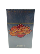 Front view of sealed Dakota Lights cigarette hard box showing 20 Class A Cigarettes text, Dakota logo, and Lights marking.