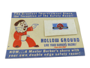 Front of PAL Hollow Ground promotional card with lathered mascot, attached blade packet, and blue advertising borders.