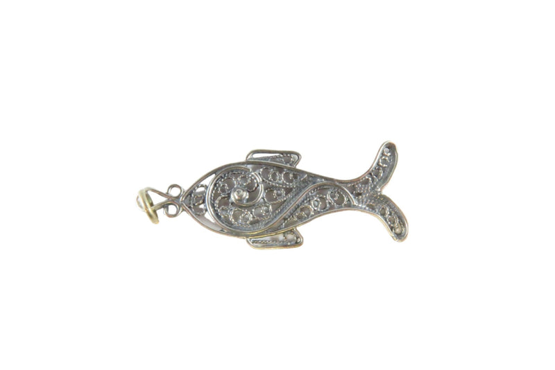 Antique Style Sterling Fine Filigree Fish Pendant Charm — Sterling Silver, Silver — front view