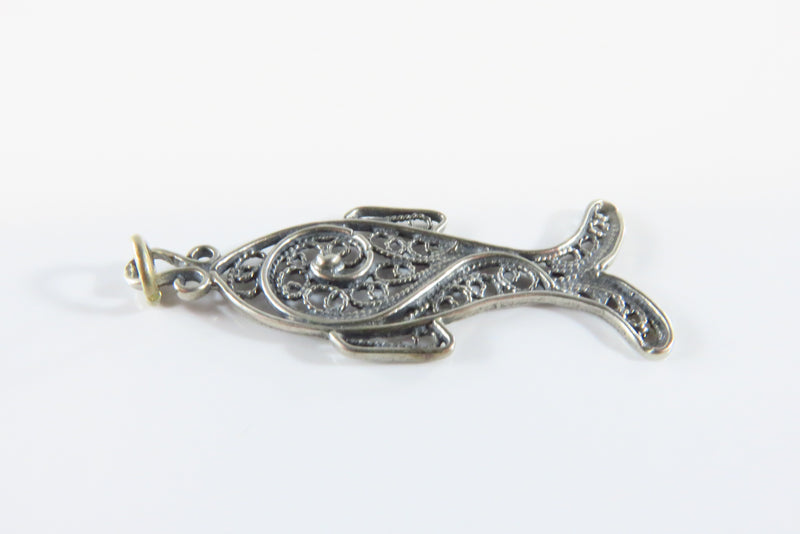 Antique Style Sterling Fine Filigree Fish Pendant Charm