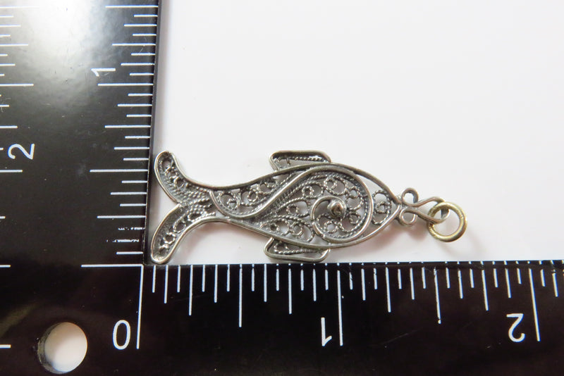 Antique Style Sterling Fine Filigree Fish Pendant Charm