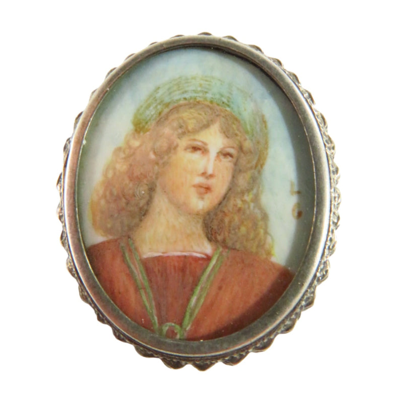 Antique Hand Painted Miniature Of Woman Signed LG 800 Silver Pendant Brooch — Silver — front view