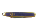 Closed gold-tone Knights of Columbus K of C pocket knife with blue enamel shield scale and attached bale ring.