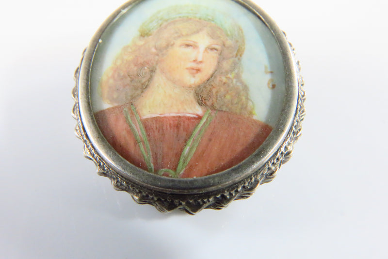 Antique Hand Painted Miniature Of Woman Signed LG 800 Silver Pendant Brooch