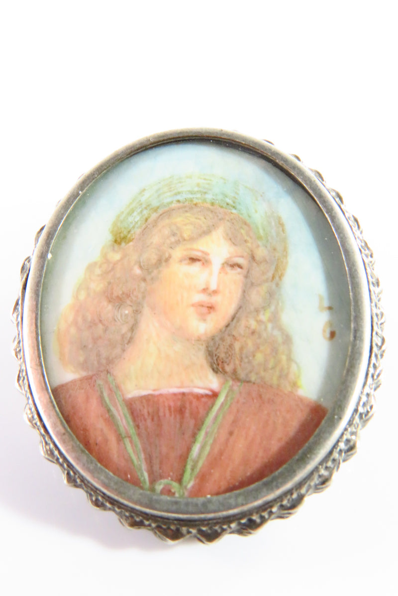 Antique Hand Painted Miniature Of Woman Signed LG 800 Silver Pendant Brooch