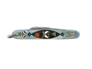 Closed sterling silver guilloché enamel Shriners and Masonic pocket knife with blue, black, red, and white enamel scales and bale.