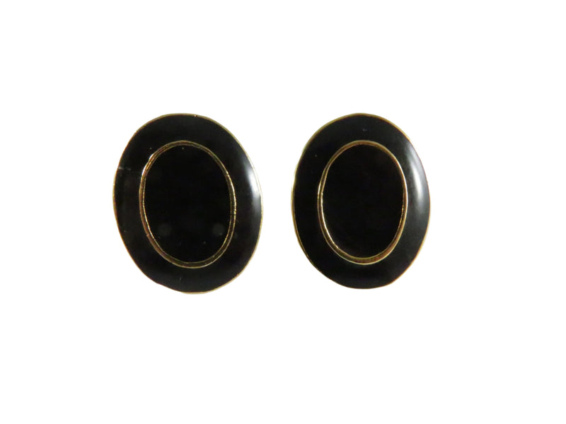 Vintage Black Enamel Clips, Gold Tone Oval Earrings, 7/8", Needs Cushions, Retro Style