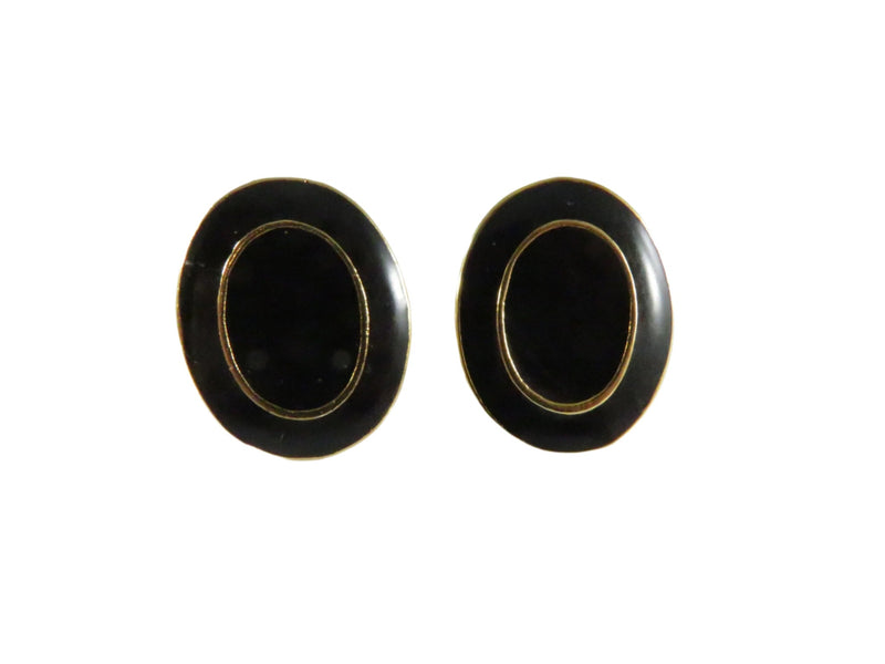 Vintage Black Enamel Clips, Gold Tone Oval Earrings, 7/8", Needs Cushions, Retro Style — Gold, Enamel — front view