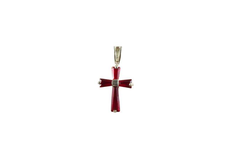 925 Christian Cross Pendant Ruby Red Glass 