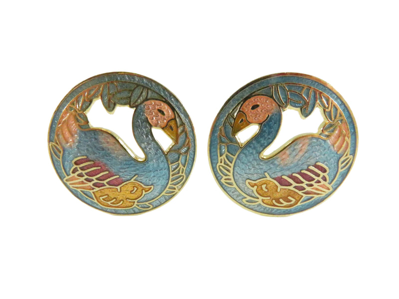 Cloisonne Style Bird Clips, Enamel Earrings, Gold Tone, 1980s Vintage, Pierced, 1"