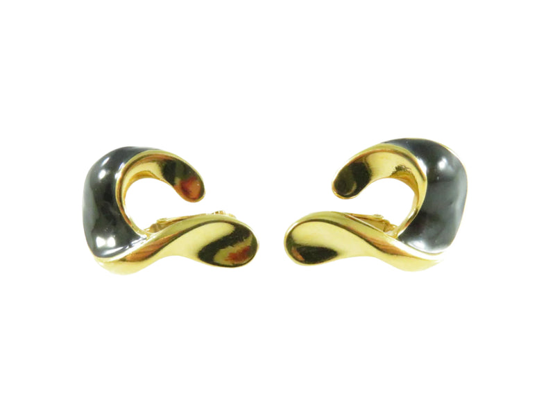 1992 Style Geometric Clips, Black Enamel Earrings, Avon Inspired, Gold Tone, 1.25"