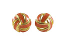 Domed Orange Enamel Clips, Basket Weave Earrings, Signed Designer, 1980s Style, 1" — Gold, Enamel — front view