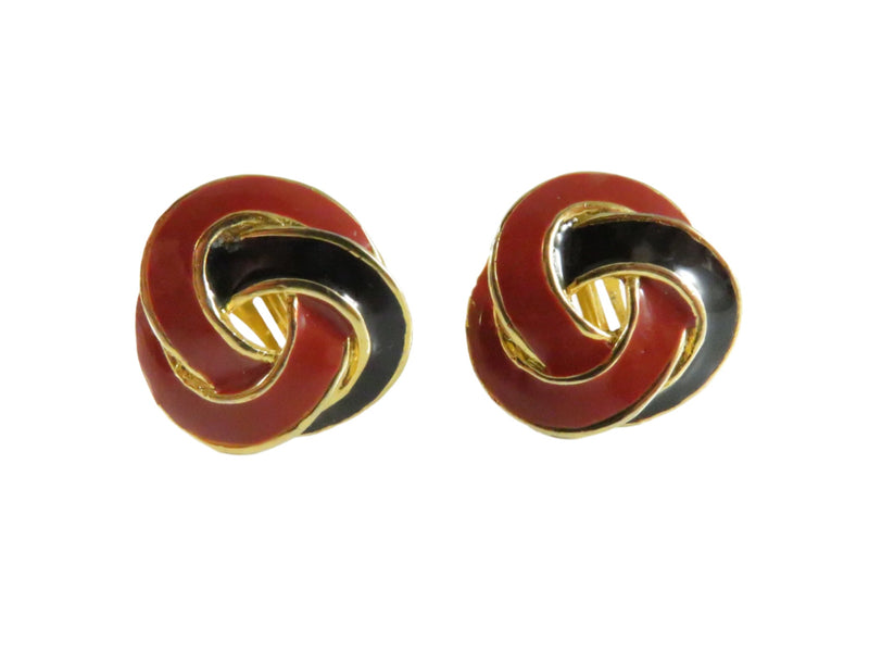 1980s Woven Ribbon Clips, Red Black Enamel Earrings, Chunky Interlocking, 1" — Gold, Enamel — front view