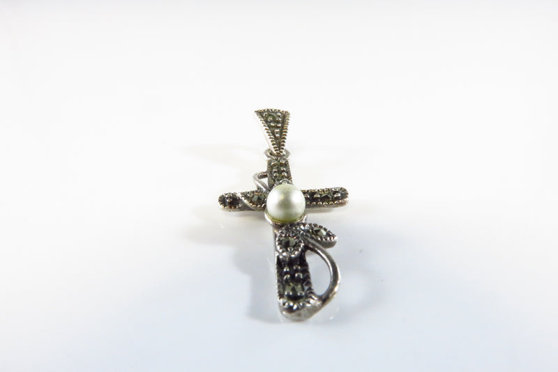 Deco Style Silver Christian Cross Pendant Marcasite Pearl Sterling Cross 1 1/4"