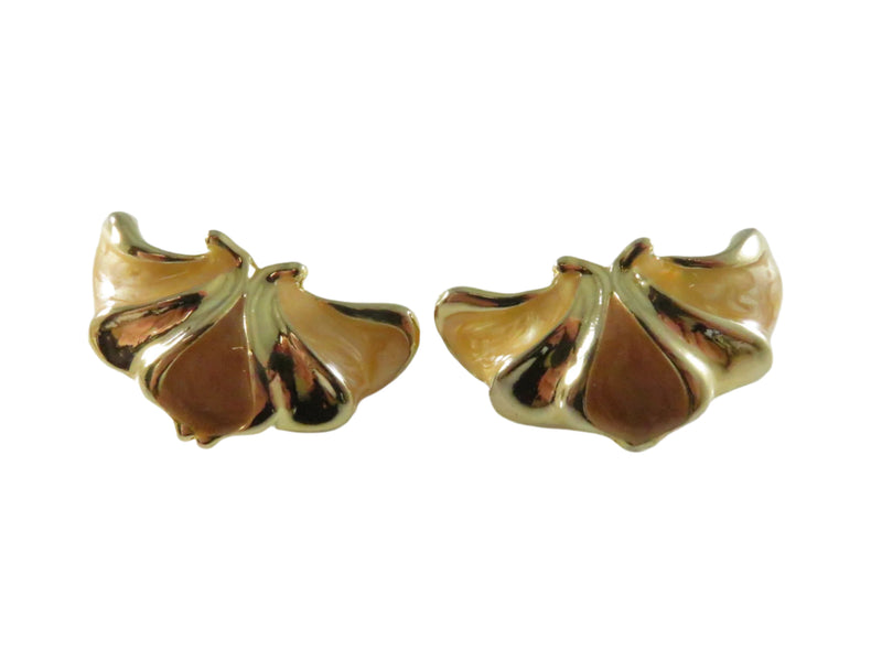 1980s Petal Clip Earrings, Glitter Enamel, Cream Brown, Gold Tone, 1.37" Height