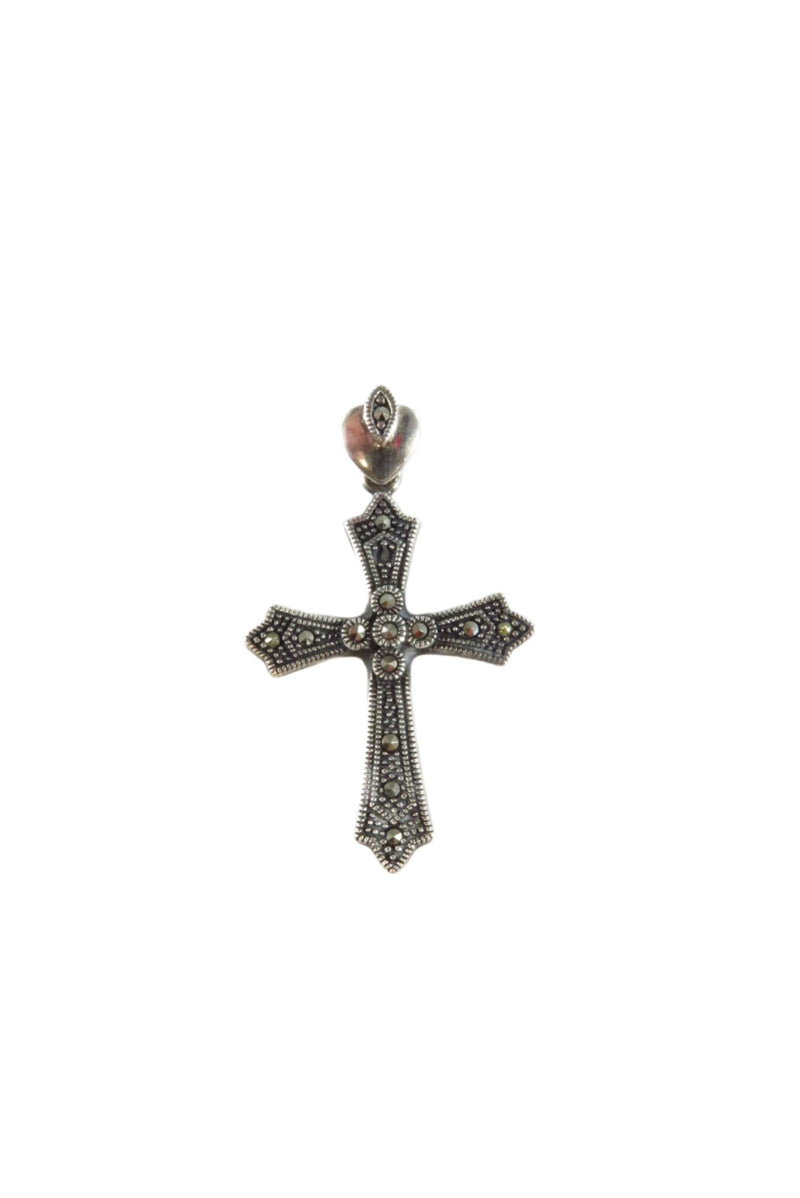 Blackened Silver Christian Cross Pendant Marcasite Sterling Cross Pendant 1 5/8"