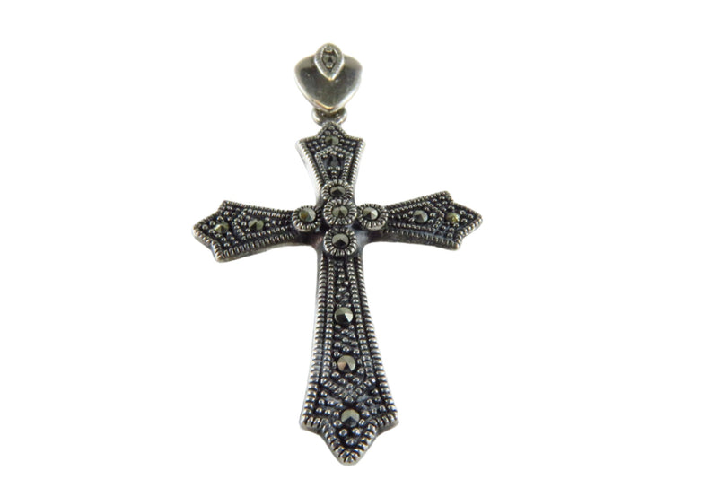 Blackened Silver Christian Cross Pendant Marcasite Sterling Cross Pendant 1 5/8"