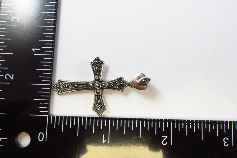 Blackened Silver Christian Cross Pendant Marcasite Sterling Cross Pendant 1 5/8"