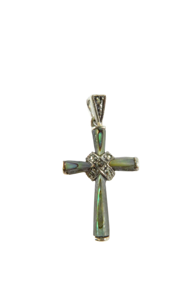 Southwestern Sterling Christian Cross Pendant Marcasite Mother of Pearl Cross