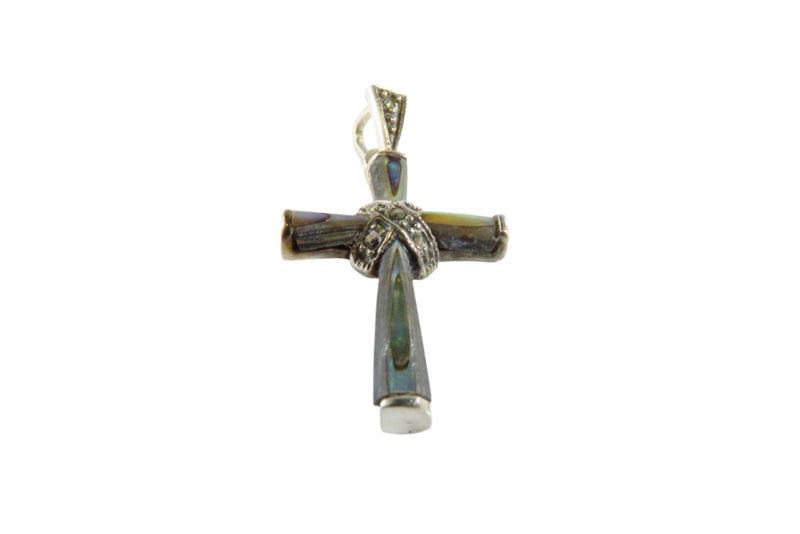 Southwestern Sterling Christian Cross Pendant Marcasite Mother of Pearl Cross