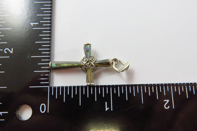 Southwestern Sterling Christian Cross Pendant Marcasite Mother of Pearl Cross