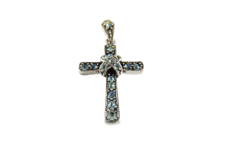 Blackened Silver Christian Cross Pendant Blue Glass Cross Pendant