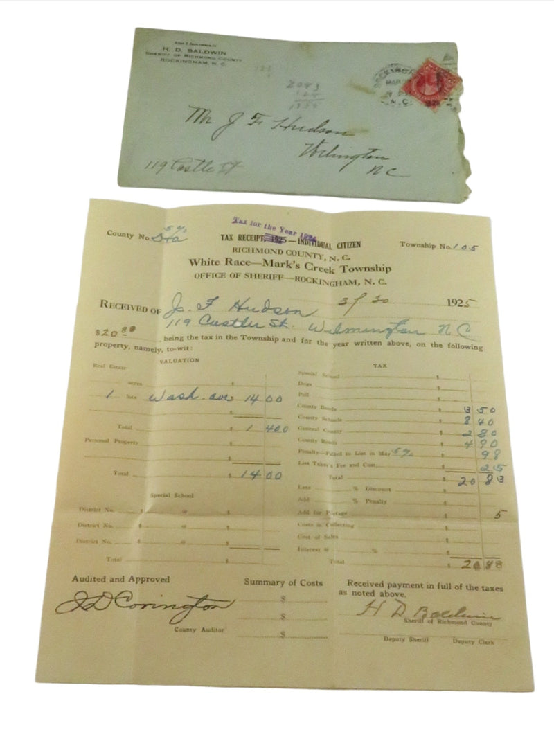 Antique 1925 Richmond County NC Handwritten Tax Receipt Ephemeral Display — front view