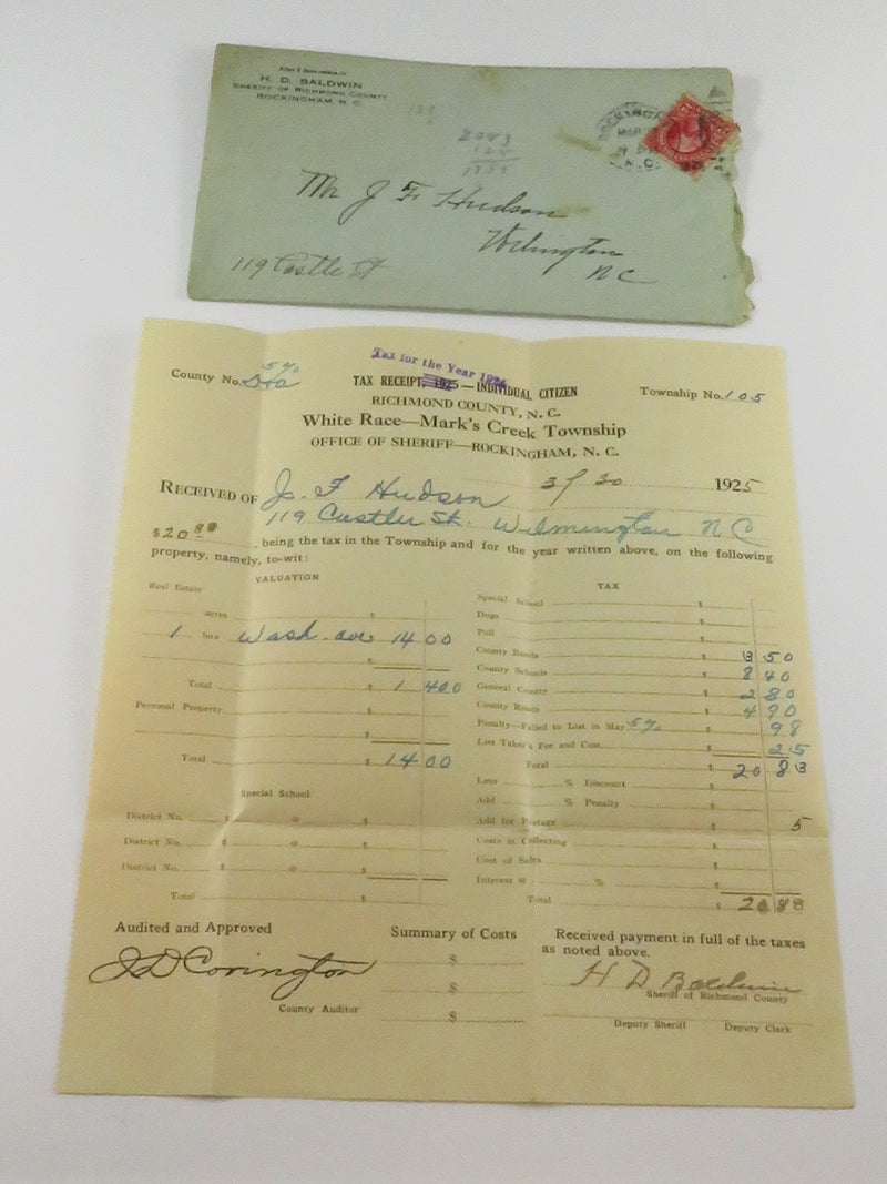 Antique 1925 Richmond County NC Handwritten Tax Receipt Ephemeral Display