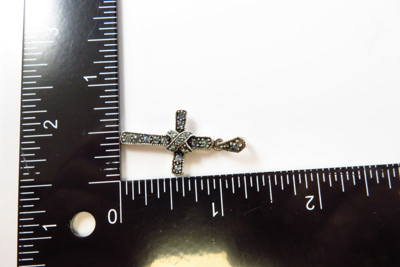 Blackened Silver Christian Cross Pendant Blue Glass Cross Pendant